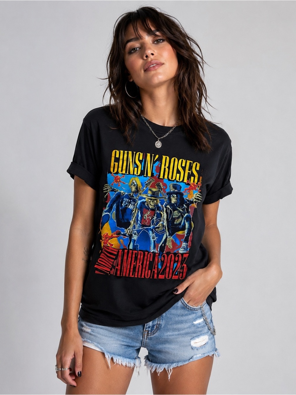 Guns N' Roses 2023 Tour T-Shirt Black Cotton Graphic Crew Neck Short Sleeve Med